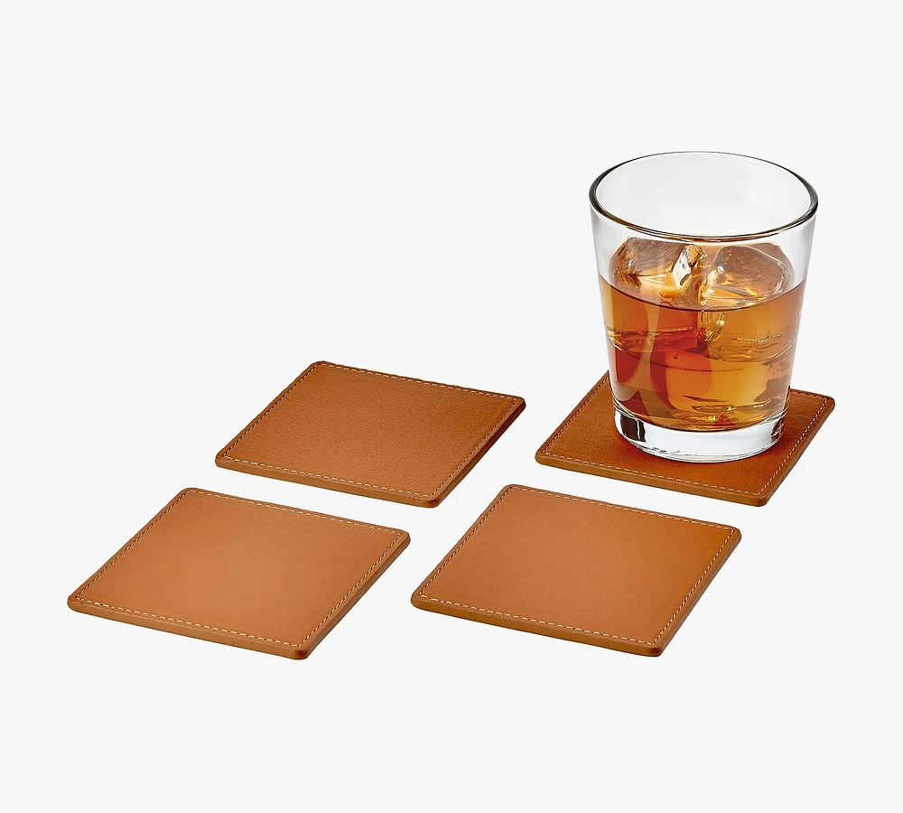 French Handcrafted Leather Square Coasters - Set of 4