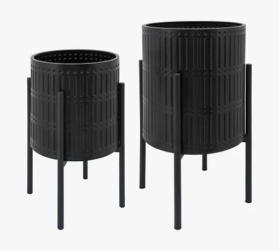 Bella Gray Patterned Raised Planters with Black Stand - Set of 2