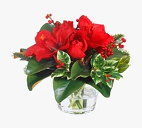 Faux Berry & Amaryllis Mixed Arrangement in Glass Vase