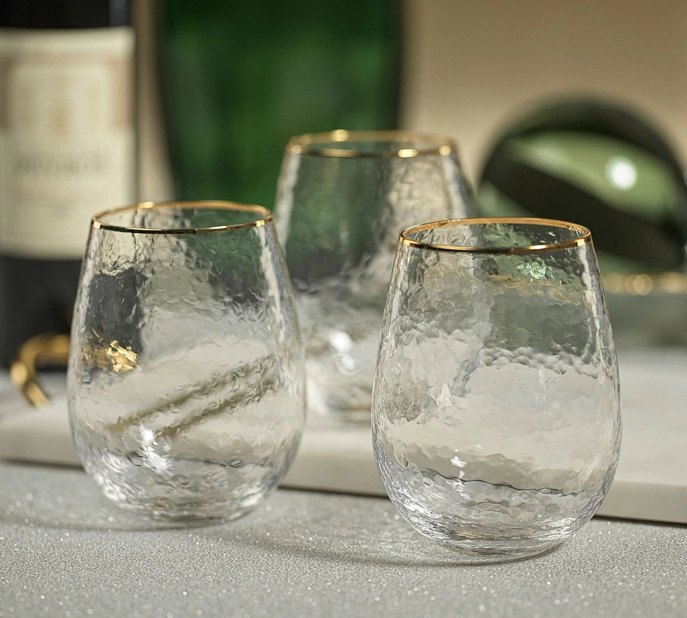 Hammered Gold Rim Stemless Wine Glasses, Set of 4