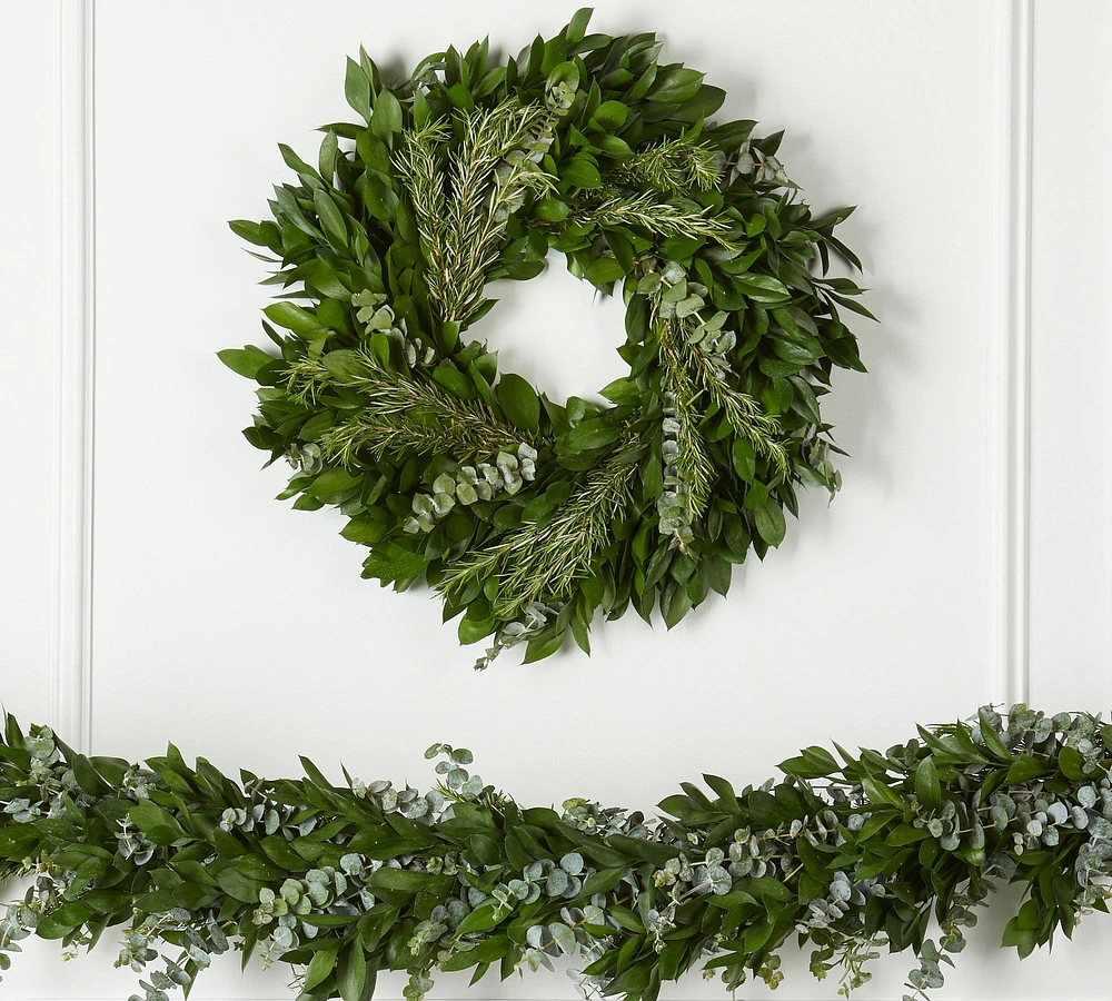 Live Ruscus, Baby Blue Eucalyptus & Rosemary Wreath Garland