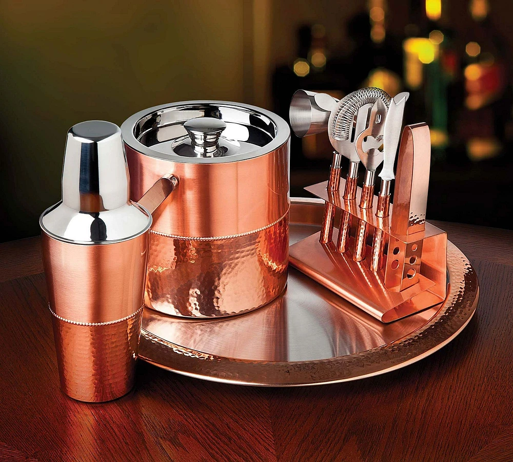 Hand-hammered Copper Bar Tool Set with Tray - Set of 9