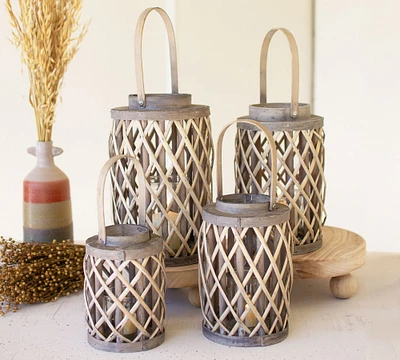 Gray Willow Lanterns With Glass Cylinder, Set of 4