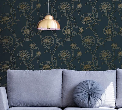 Peonies Peacock Blue/Gold Removable Wallpaper