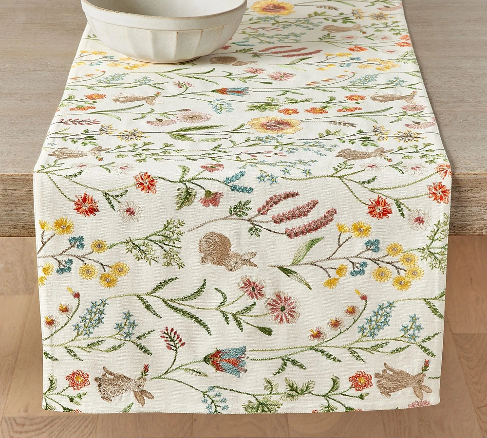 Spring Garden Embroidered Cotton Table Runner