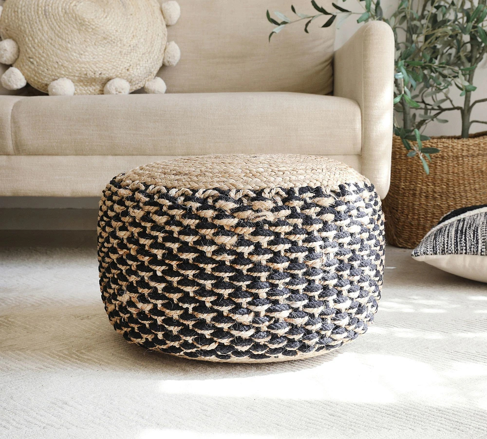 Handwoven Basketweave Jute Pouf