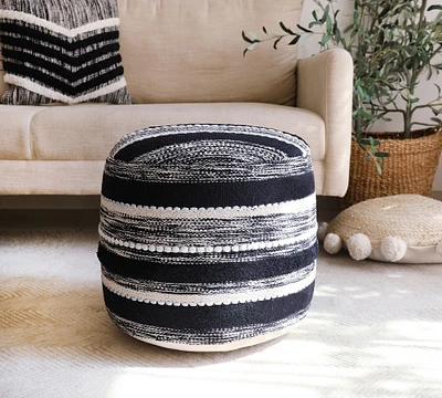 Cotton Round Black Woven Pouf