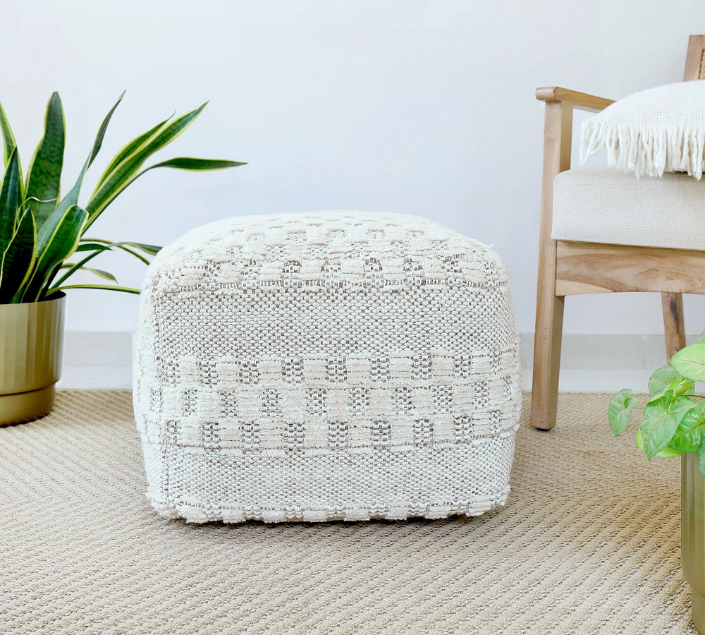 Checkered Wool Square Pouf