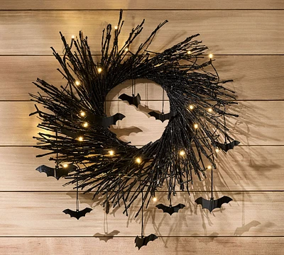 Lit Handcrafted Glitter Branch Wreath with Bats