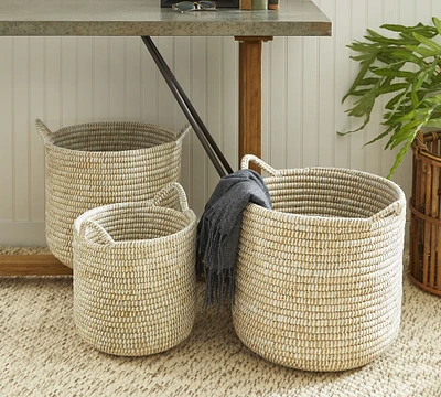 Dahlia White Rivergrass Handled Baskets, Set of 3