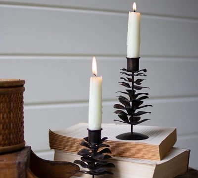 Metal Pinecone Taper Candleholders - Set of 2