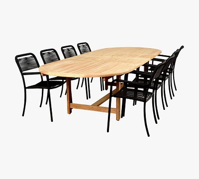 Nassau 9-Piece Teak Oval Table with Garey Rope Dining Armchair Set