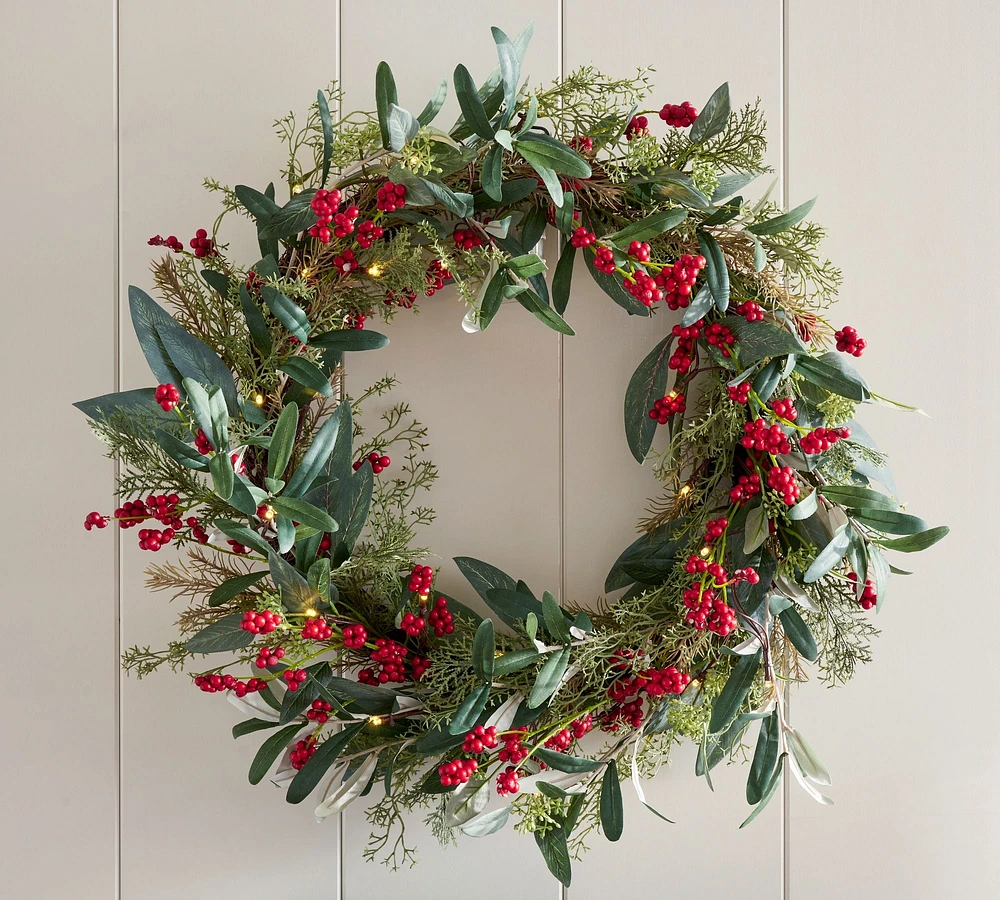 Open Box: Lit Faux Eucalyptus and Berry Wreath & Garland