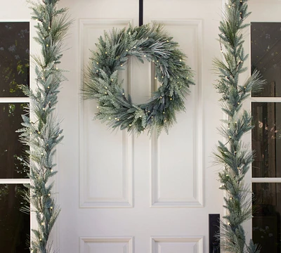 Lit Faux Flocked Pine Wreath & Garland