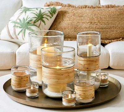 Palm Woven Rattan & Glass Hurricane Candleholder