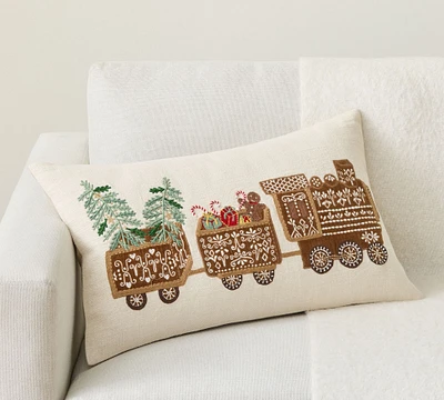 Gingerbread Train Embroidered Lumbar Pillow