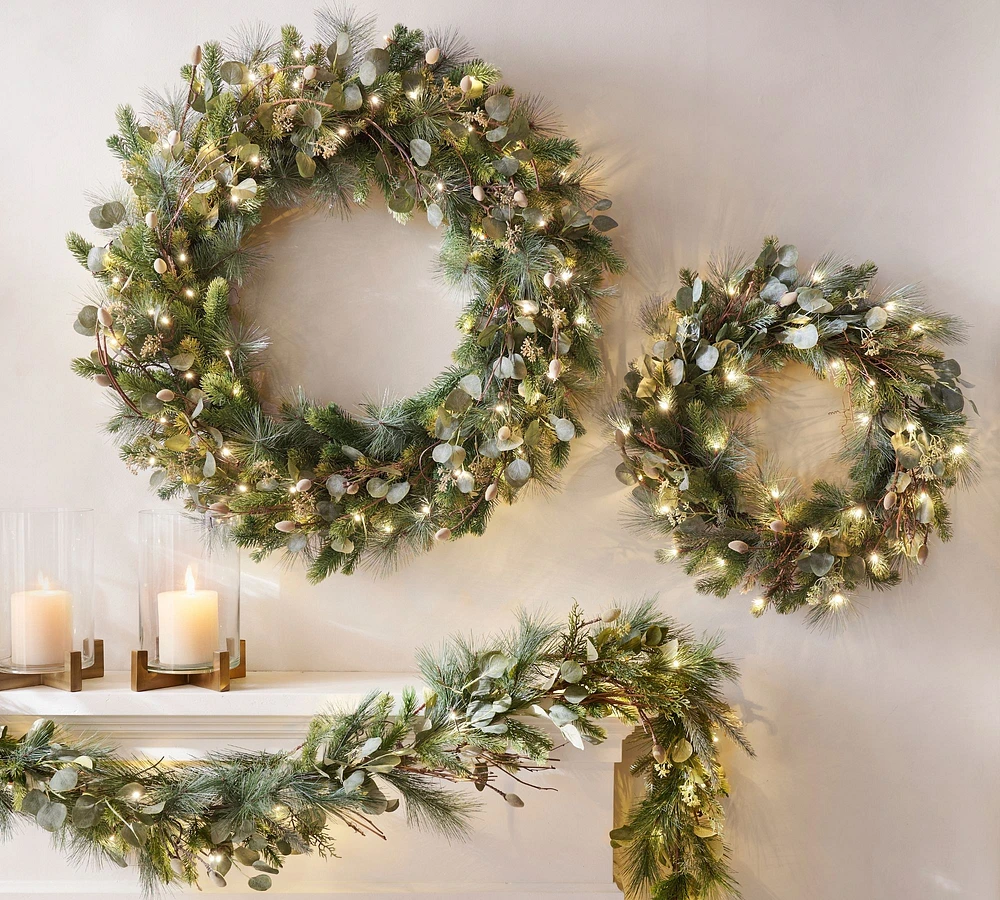 Open Box: Lit Faux Eucalyptus and Pine Wreath & Garland