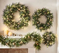 Faux Lit Mixed Greens Wreath & Garland With Bells