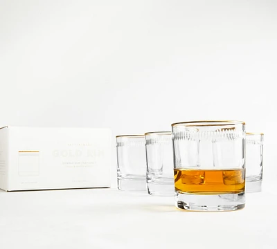 Etched Gold Rim Handcrafted Double Old Fashioned Glasses - Set of 4