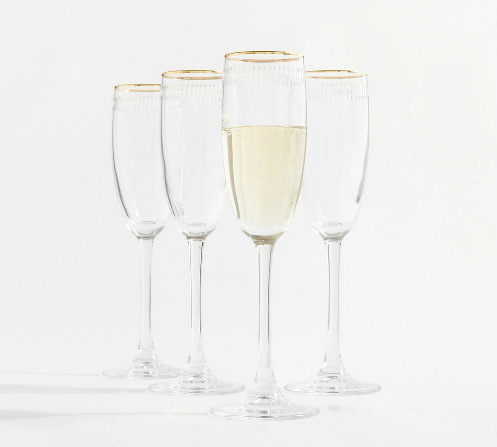 Etched Gold Rim Handcrafted Champagne Flutes - Set of 4