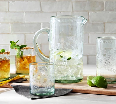 Etched Floral Recycled Glass Pitcher
