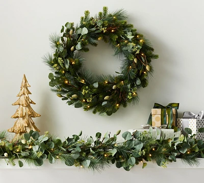 Open Box: Lit Faux Eucalyptus and Pine Wreath & Garland