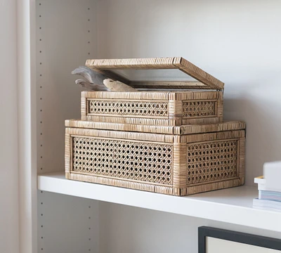 Woven Rattan And Wood Boxes, Set of 2