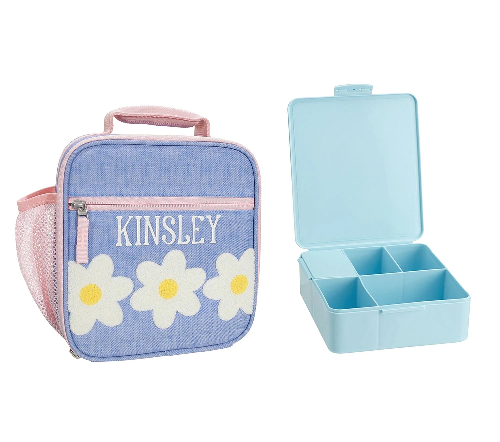 Mackenzie Blue Daisies Chenille Lunch & Bento Bundle, Set of 2