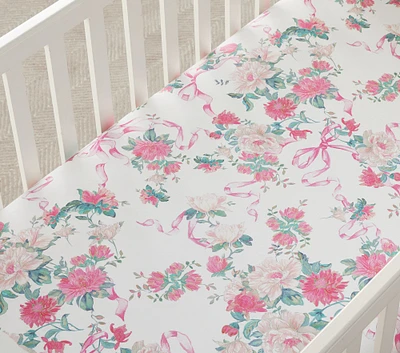 LoveShackFancy Cabbage Rose Bow Organic Crib Fitted Sheet