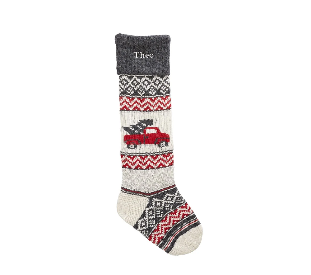 Car With Tree Natural Fair Isle Christmas Stocking