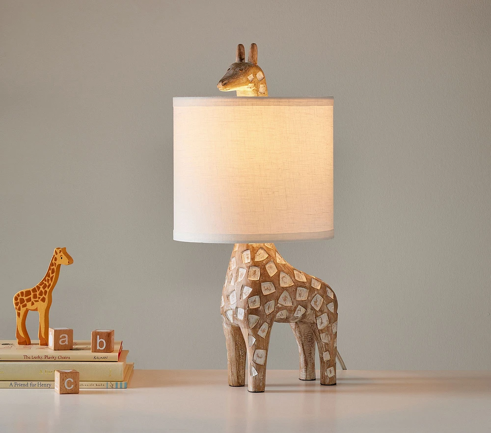 Carved Wood Giraffe Table Lamp (17")