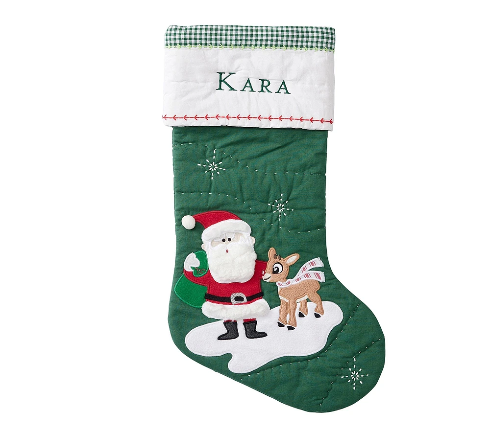 Santa with Rudolph Green Quilted Christmas Stocking