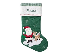 Santa with Rudolph Green Quilted Christmas Stocking