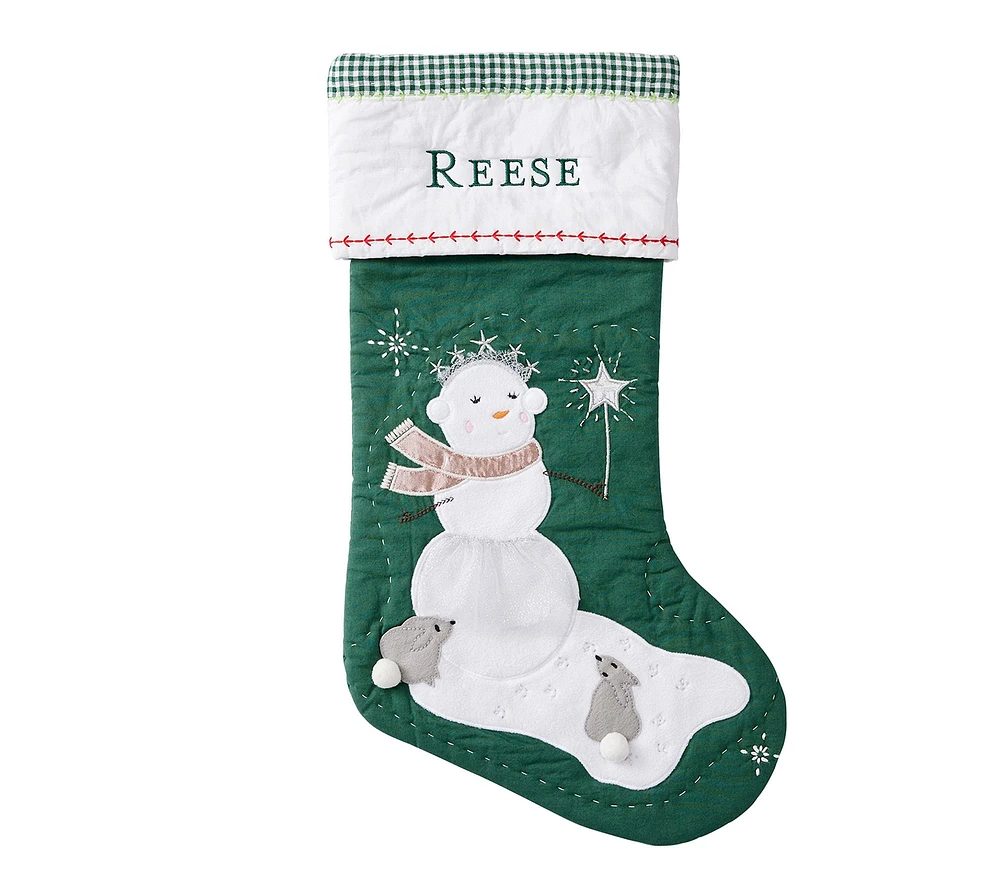 Snowgirl Green Quilted Christmas Stocking