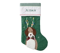 Dog with Antlers Green Quilted Christmas Stocking