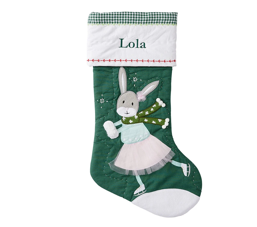 Skating Bunny Green Quilted Christmas Stocking