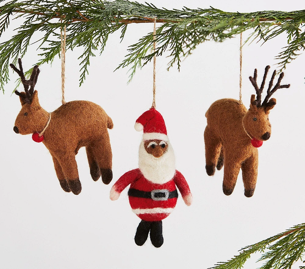 Santa with Reindeer Felted Wool Ornaments, Set of 3