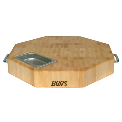 John Boos & Co. Maple End-Grain Octagonal Chopping Block with Stainless Steel Handles and Inset Pan, 18" x 18" x 3"