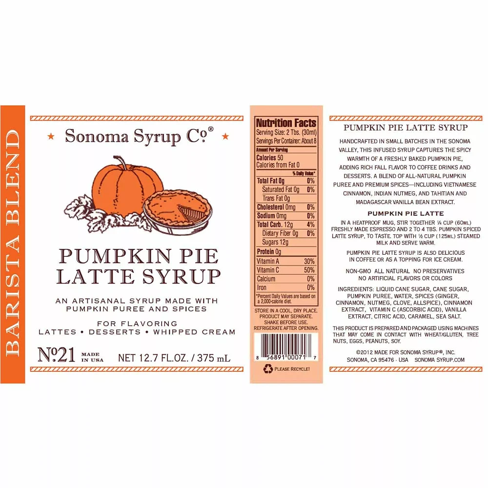 Sonoma Syrup Pumpkin Pie Latte Syrup