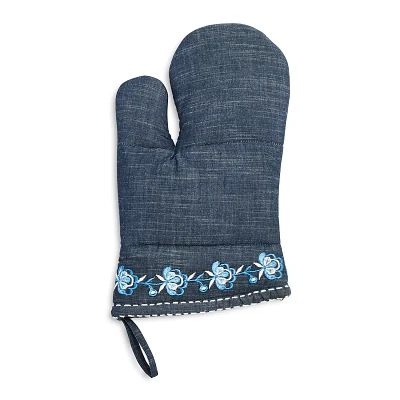 Sur La Table Embroidered Floral Blue Oven Mitt