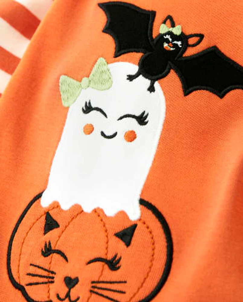 Girls Embroidered Halloween Layered Top - Lil Pumpkin