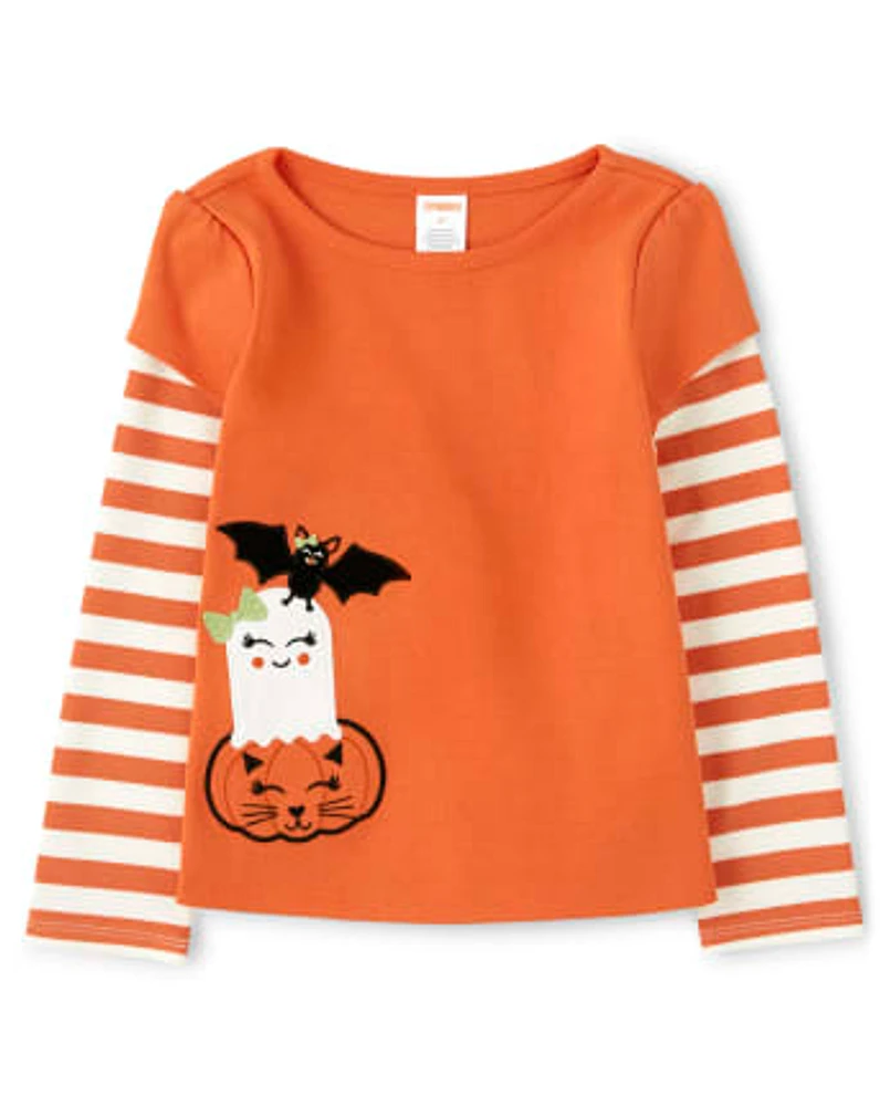 Girls Embroidered Halloween Layered Top - Lil Pumpkin