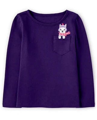 Girls Embroidered Llama Pocket Top - Little Llamas