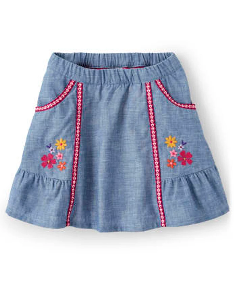 Girls Embroidered Floral Denim Skort - Little Llamas