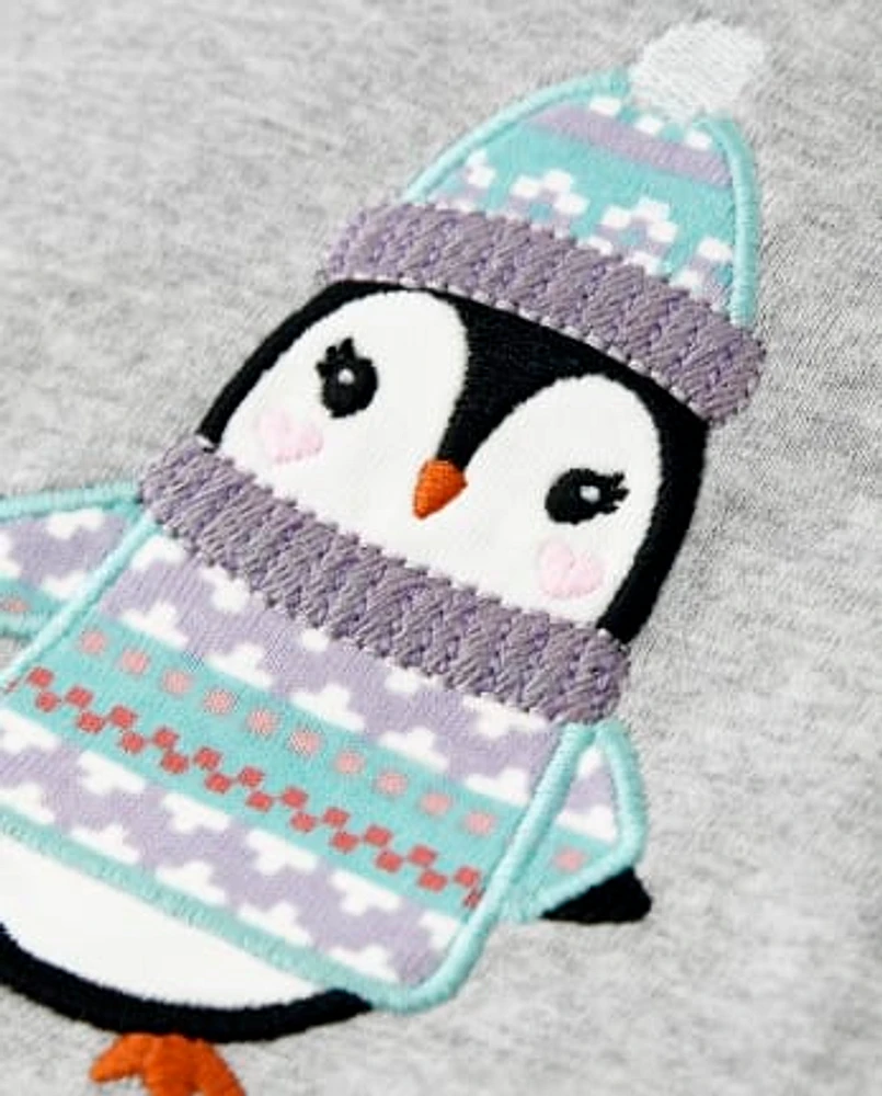 Girls Embroidered Penguin Top - Polar Party