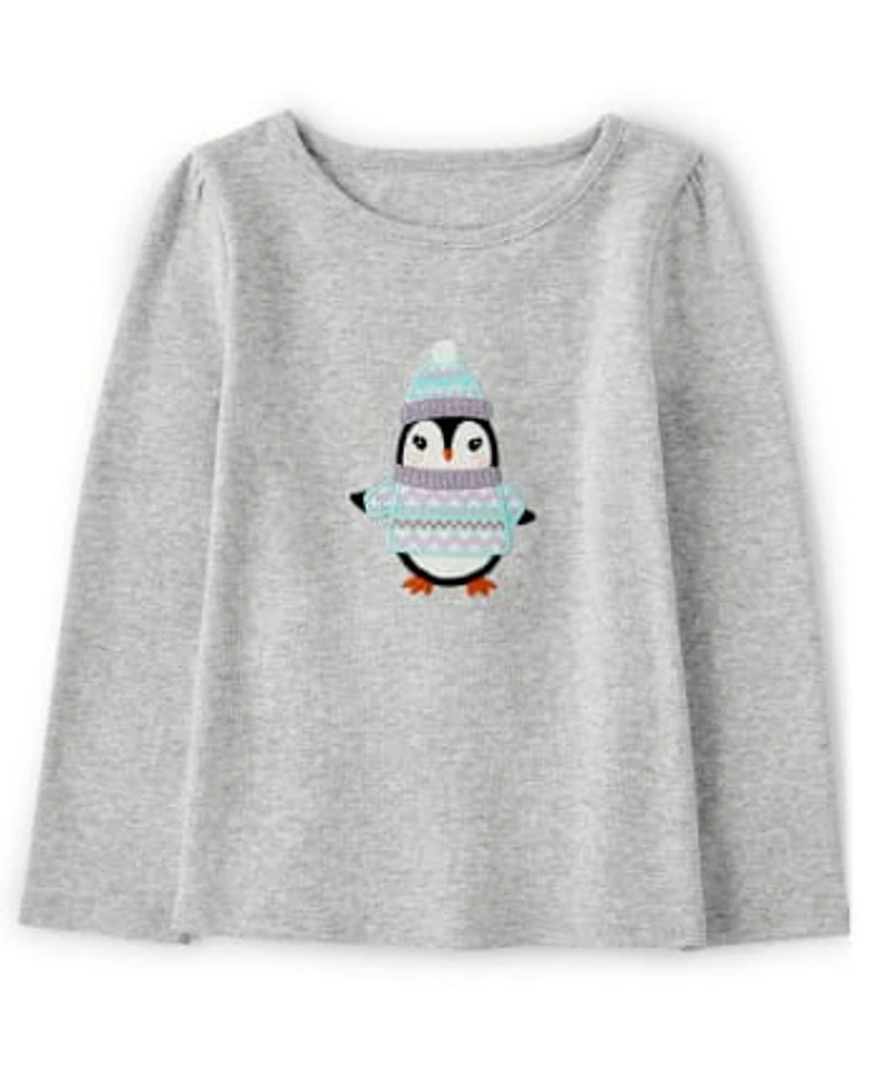 Girls Embroidered Penguin Top - Polar Party