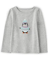 Girls Embroidered Penguin Top - Polar Party