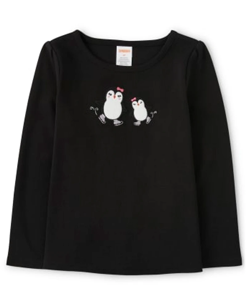 Girls Embroidered Skating Penguin Top - Polar Party