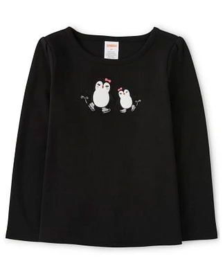 Girls Embroidered Skating Penguin Top - Polar Party