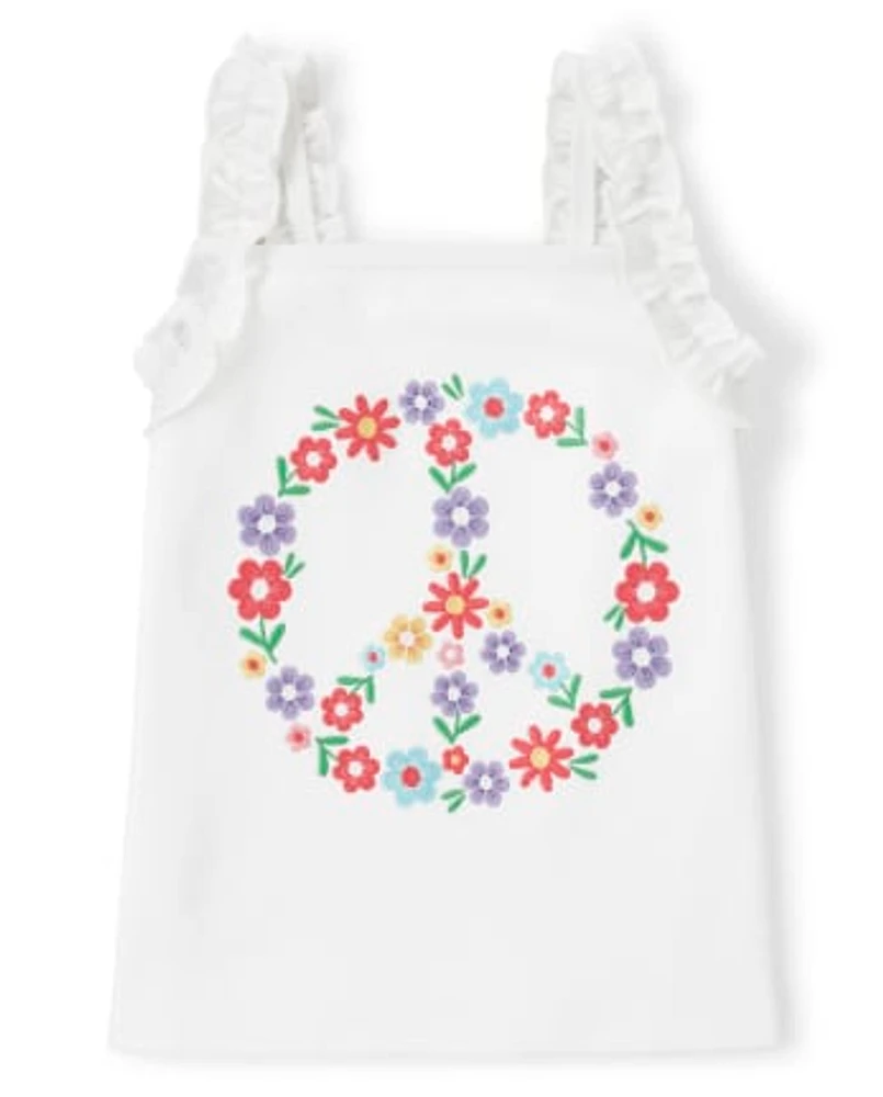 Girls Embroidered Peace Ruffle Top - Music Festival